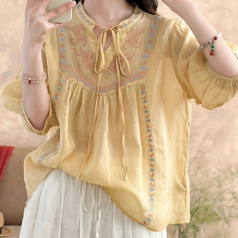 Summer New Style Chinese-Style Round-Neck Short-Sleeve Pullover T-Shirt for Women, New Chinese-Style Heavy Embroidery Thin Mid-Sleeve Cotton-Linen Top Summer New Style Chinese-Style Round-Neck Short-Sleeve Pullover T-Shirt for Women, New Chinese-Style Heavy Embroidery Thin Mid-Sleeve Cotton-Linen Top