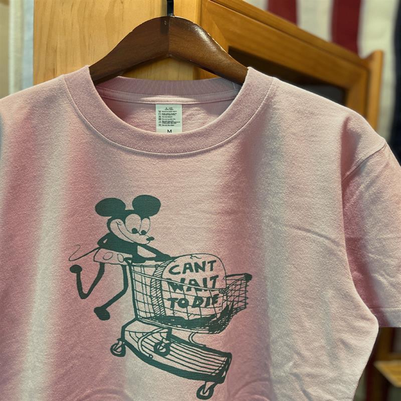 American ReTro vinTage Pink Push CarT Mickey Mouse Fun CoTTon HeavyweighT Men's and Women's Couple T-shirTs