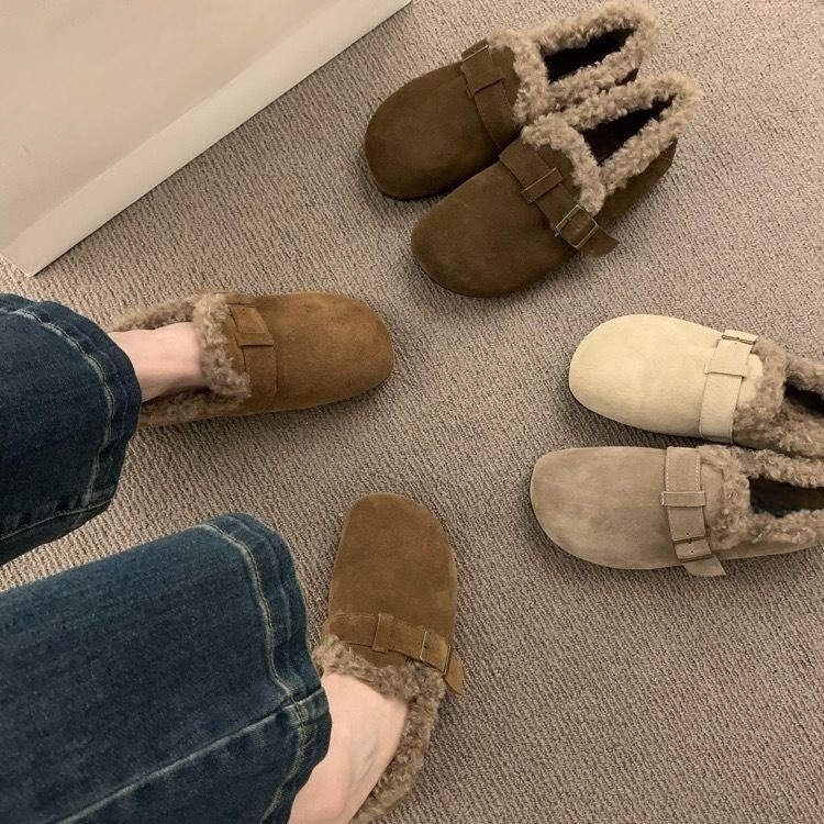 日系森女风复古软皮勃肯鞋女加绒2024秋冬季新款内增高保暖棉瓢鞋