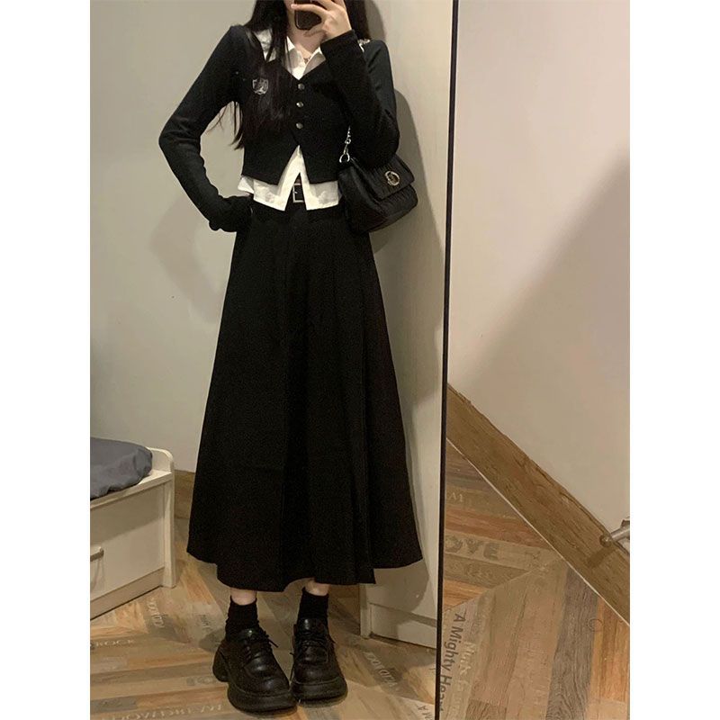 Korean Preppy Style Dress Suit for Women Spring & Fall Petite Polo Shirt Top Pleated Skirt Two-Piece Set