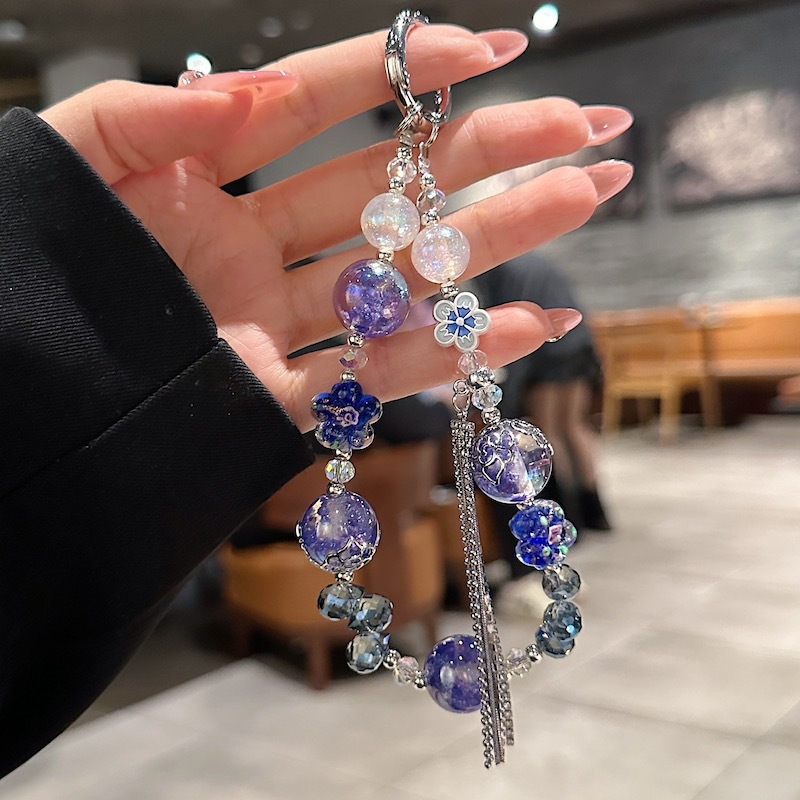 Boutique hecho a mano de alta gama colgante de teléfono móvil azul violeta borla cadena de cuentas de vidrio cordón de teléfono móvil de moda colgante de mensajero largo