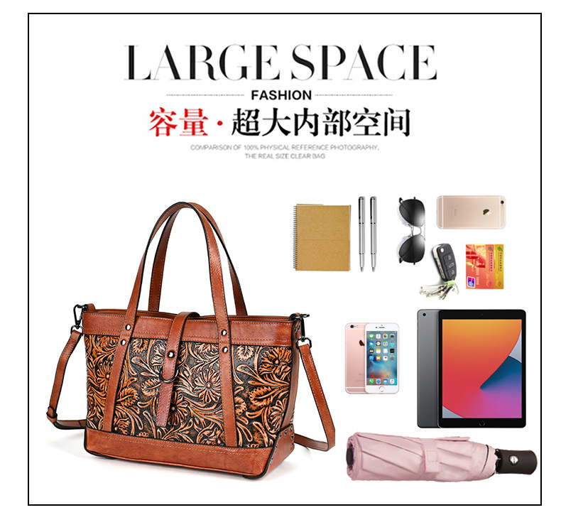 Túi tote da bò nữ chạm khắc thủ công phong cách cổ điển, đeo chéo dung tích lớn — Màu nâu cổ điển, Màu đen cổ điển, Cà phê cổ điển chi tiết 8
