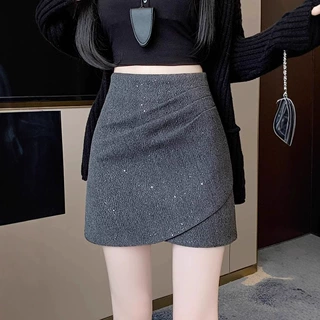 不规则亮闪闪褶皱毛呢半身裙女春秋显瘦a字短裙小个子高腰包臀裙