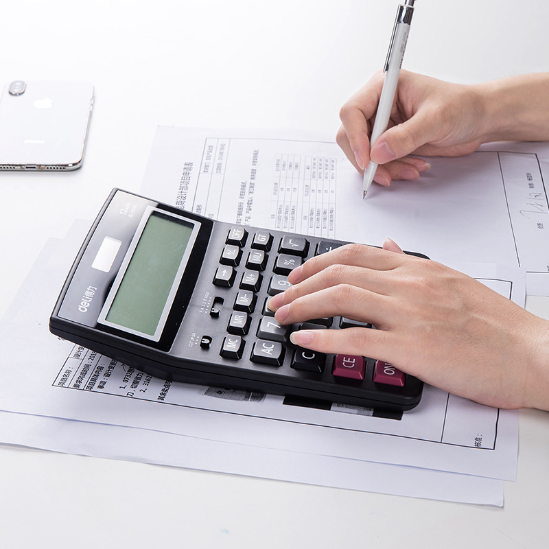 Deli calculadora 1521A computadora de escritorio de 12 dígitos llave grande pantalla grande negro solar fuente de alimentación dual