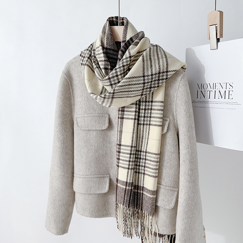 Bufanda de Cuadros con Borlas Térmica de Imitación de Cachemira para Invierno