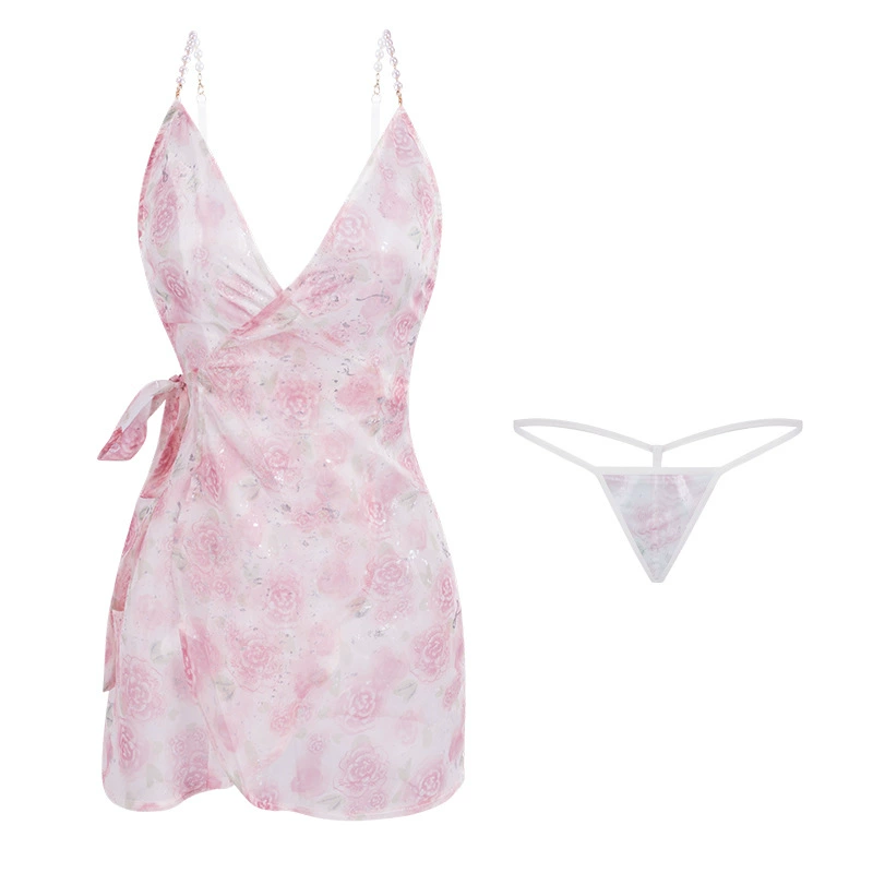 曼烟 Sexy underwear sexy deep v thin flash beads straps printed rose one-piece lace-up nightgown 9862