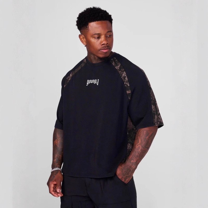 Youngla American New Men's Oversized T-Shirt Jogging Gym Sports Fitness Camouflage Stitching Printed Short Sleeves