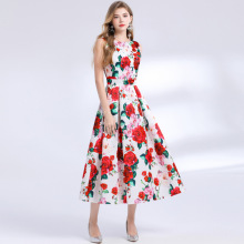 高级感小洋装女欧美洋气复古收腰显瘦无袖时尚印花蓬蓬礼服连衣裙