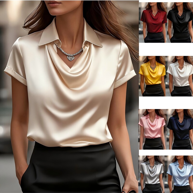 2026 Independent Platform Wish Amazon Foreign Trade Style Elegant Simple Swing Collar Shirt Collar Women's Short Sleeve Top Women's Clothing