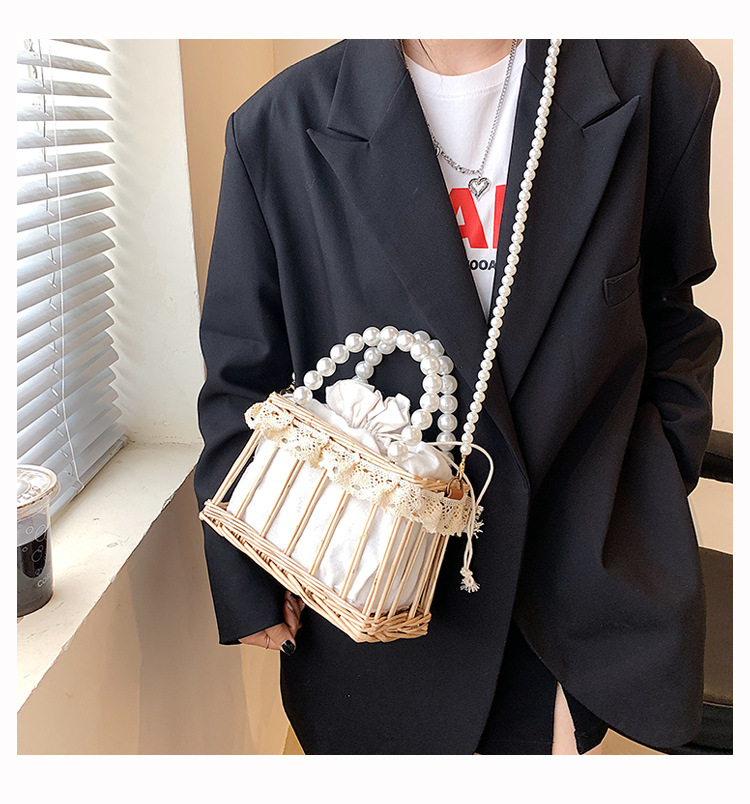 New Trendy Fashion Pearl Handbag Woven Vegetable Basket Bag Messenger Bag 22*14*11cm display picture 5