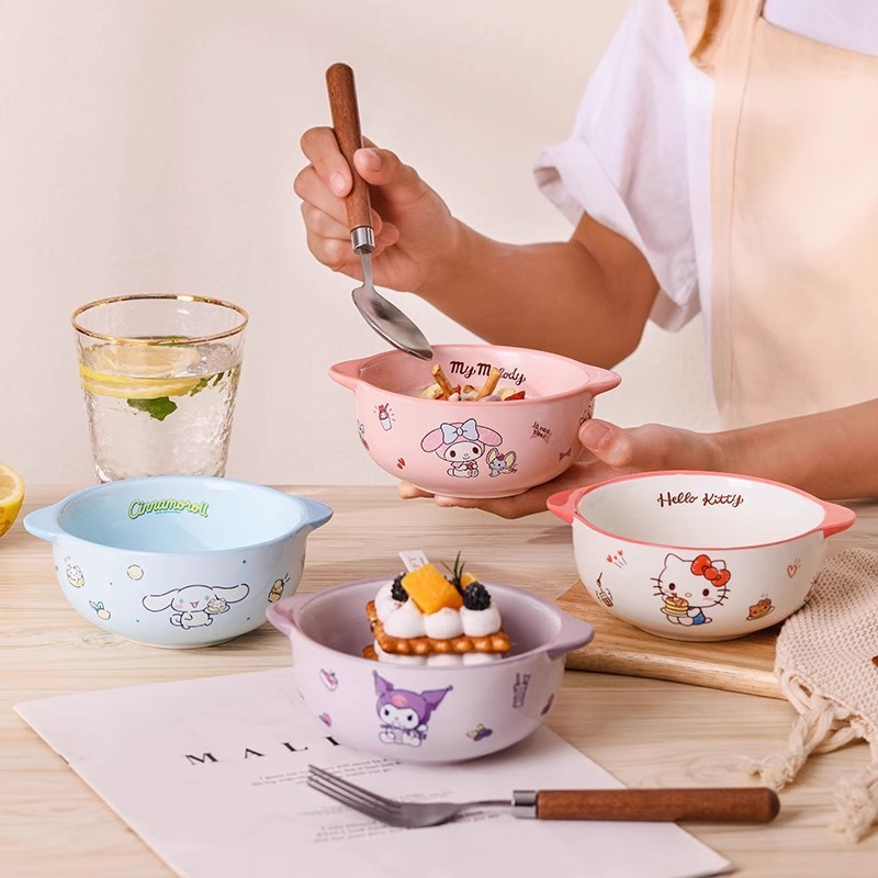 三丽鸥陶瓷碗双耳儿童吃饭碗家用米饭碗防烫凯蒂猫高颜值卡通餐具|undefined
