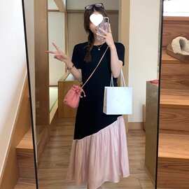 不规则撞色拼接短袖连衣裙女设计感宽松显瘦圆领T恤长裙新款