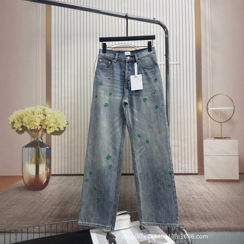 2026 Spring/Summer New D Brand Four-Leaf Clover Letter Embroidery Logo High-Waisted Straight-Leg Jeans for Women Trendy