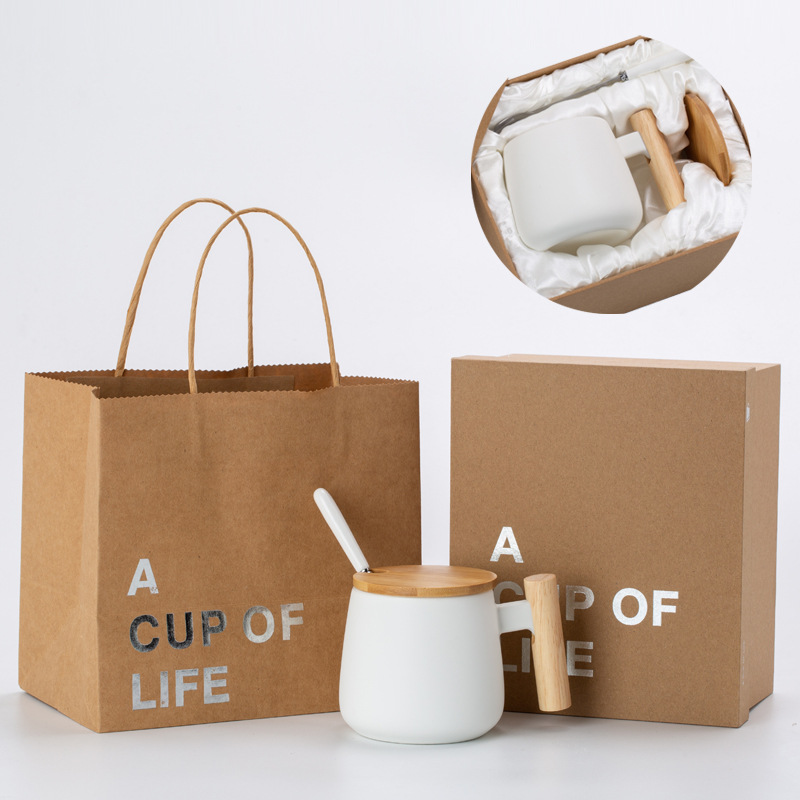Mango de madera sólida taza de cerámica taza de café taza de agua con tapa cuchara publicidad impresa LOGO regalos