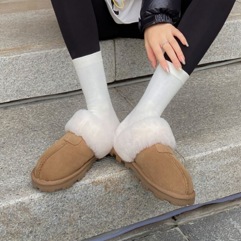 Fur-Integrated Sangpo Snow Boots, Winter Closed-Toe Soft-Soled Star Slippers, Warm Cotton Shoes, Furry Half-Slippers for Women, Suitable for Outdoor Wear