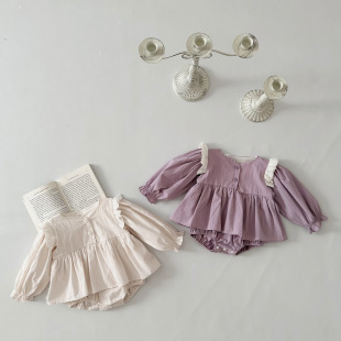 INS spring and autumn baby lace V-neck long-sleeved romper dress baby girl princess one-piece loose romper