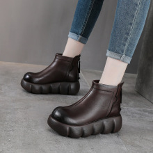 头层牛皮女鞋秋季新款复古真皮松糕厚底时装靴圆头舒适休闲短靴子