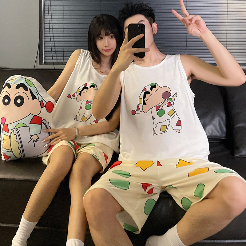 2025 6535 Cotton Summer New Couple Vest Shorts Cartoon Cute Can Be Worn Outside Home Clothes Two-Piece Suit
