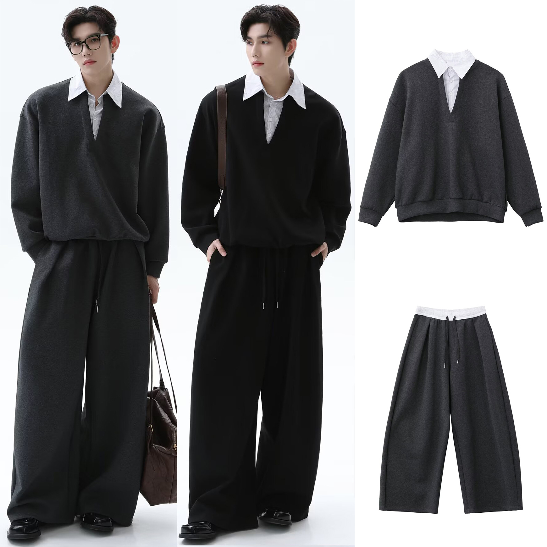 Falsa de dos piezas camisa polo camisa de empalme suéter hombre manga larga pantalones largos conjunto completo viejo viento de dinero fábrica transfronteriza mayorista