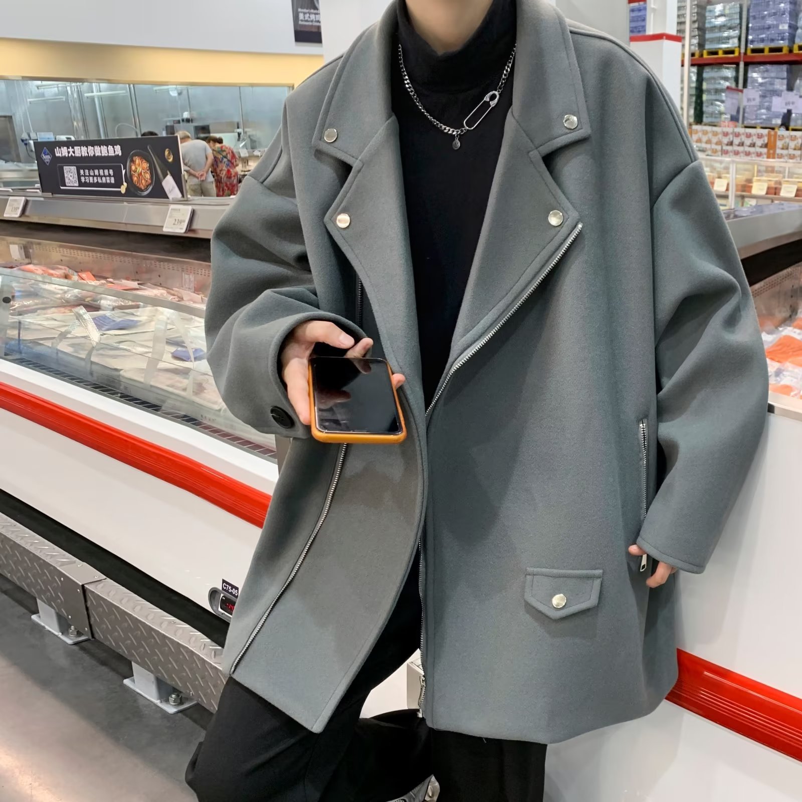 Tendencia Acha y Agu abrigo de lana con bolsillo azul invierno para hombres nuevo par chaqueta de lana suelta