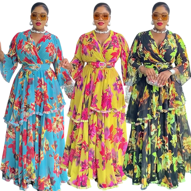 Cross-Border Aliexpress 2025 New Fresh and Sweet Plus Size Dress African Women's Ruffled Printed Long Skirt