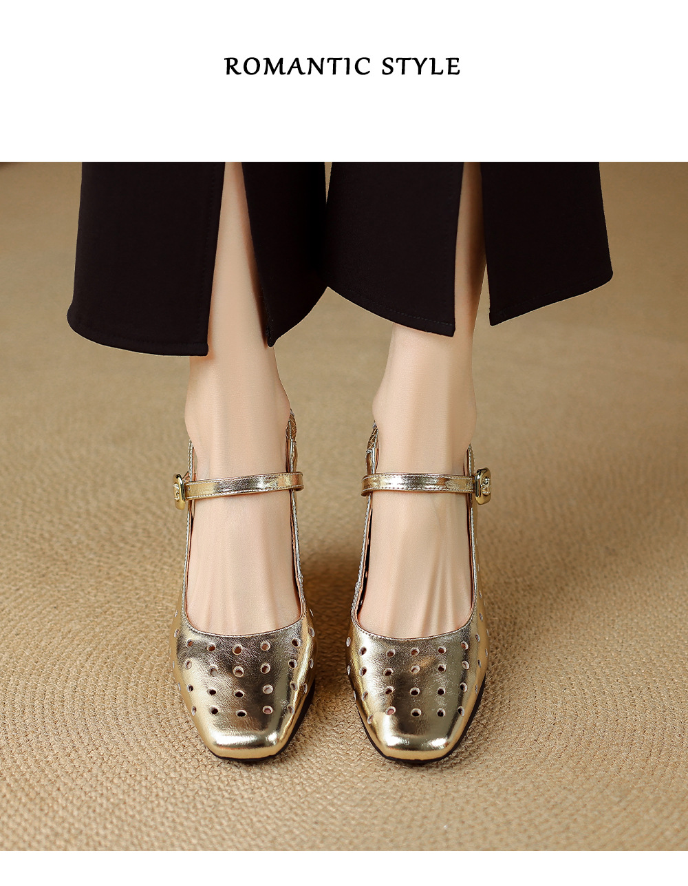 Sandal cao gót nữ mũi vuông quai ngang đế xuồng da thật lỗ thoáng khí — màu vàng, Trắng sữa, bạc chi tiết 9