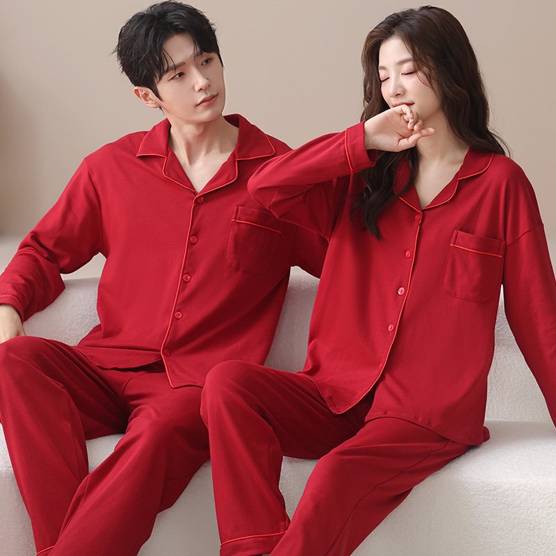 Couple Style Pure Cotton Pajamas for Women Spring and Autum Red Zodiac Year Wedding Cardigan Lapel Men's Home Wear Set
