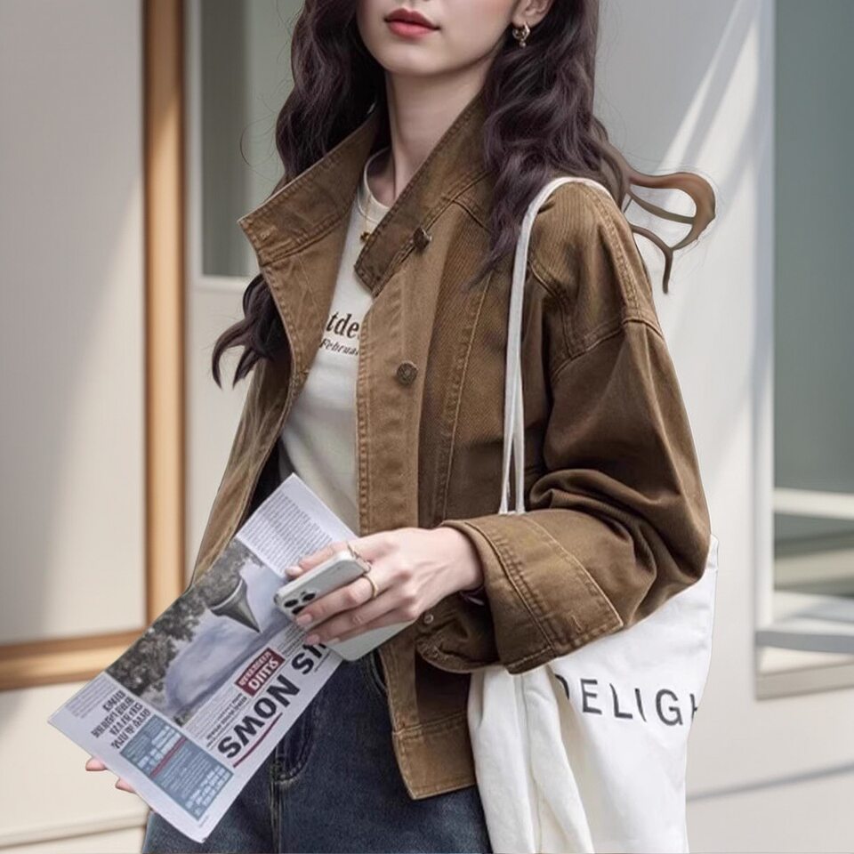 Áo khoác denim ngắn dáng rộng cổ polo cho nữ, dài tay, phong cách giản dị — Áo khoác bò dài tay, Màu nâu (trà nâu), màu xanh chi tiết 38