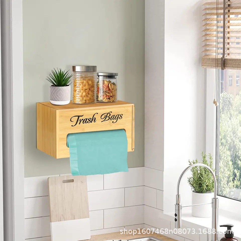 竹制方形垃圾袋收纳盒壁挂式厨房保鲜膜储物盒橱柜台面垃圾袋盒