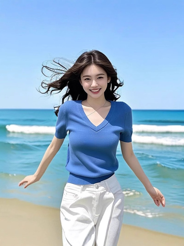 【工場直販】夏新作 美しい半袖ニットTシャツ レディース 右肩 ブルー おしゃれ 万能トップス|undefined