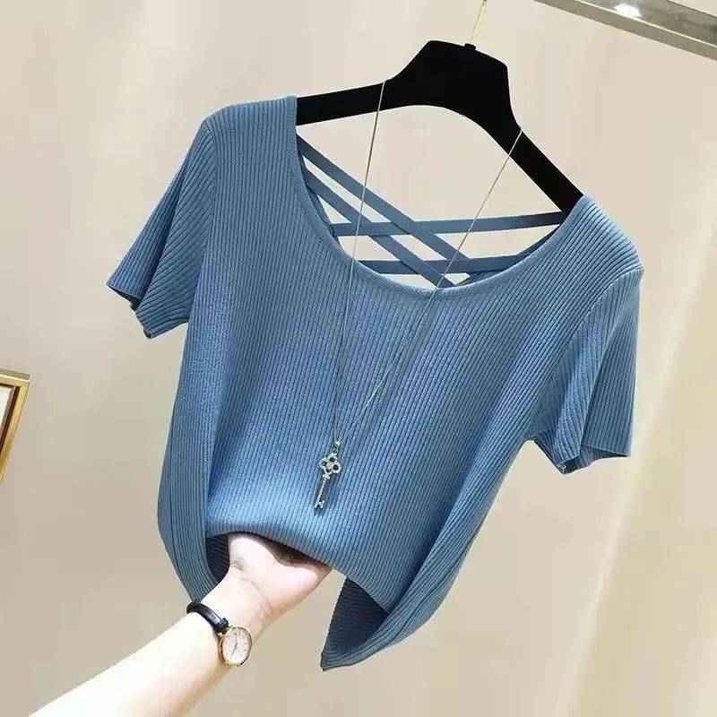 Ice Silk Threaded Short-Sleeved T-Shirt for Women Summer 2025 New Korean Style Thin Slim Sexy Backless Top Bottoming Shirt
