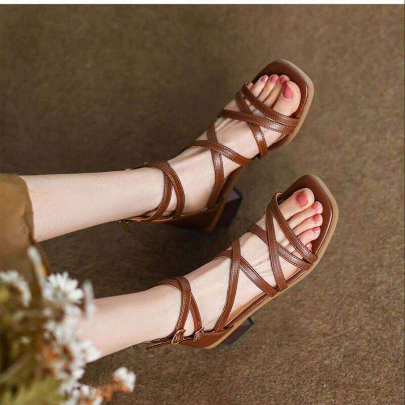 Brown Lace-Up High Heels for Women, 2026 Summer New Vintage Thin-Strap Roman Sandals with a Unique Design and Niche Style