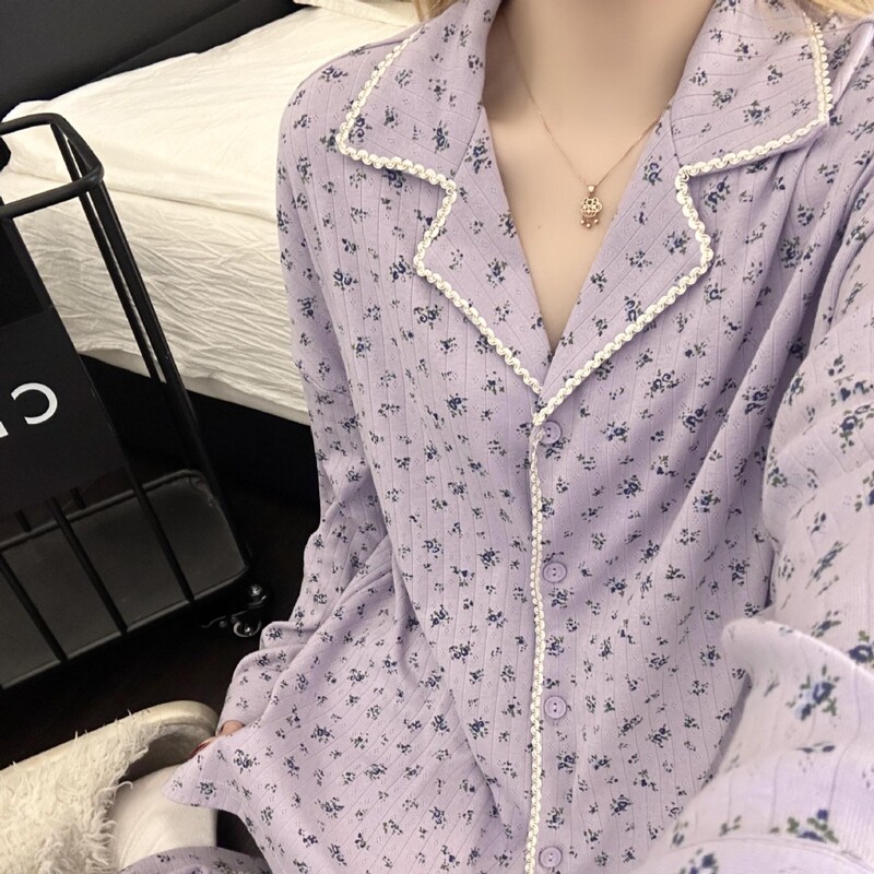 This Year's Trendy and Stylish Korean-Style Floral Long-Sleeved Pajamas for Women Are New for Spring and Autumn, Large Size, Comfortable Two-Piece Set