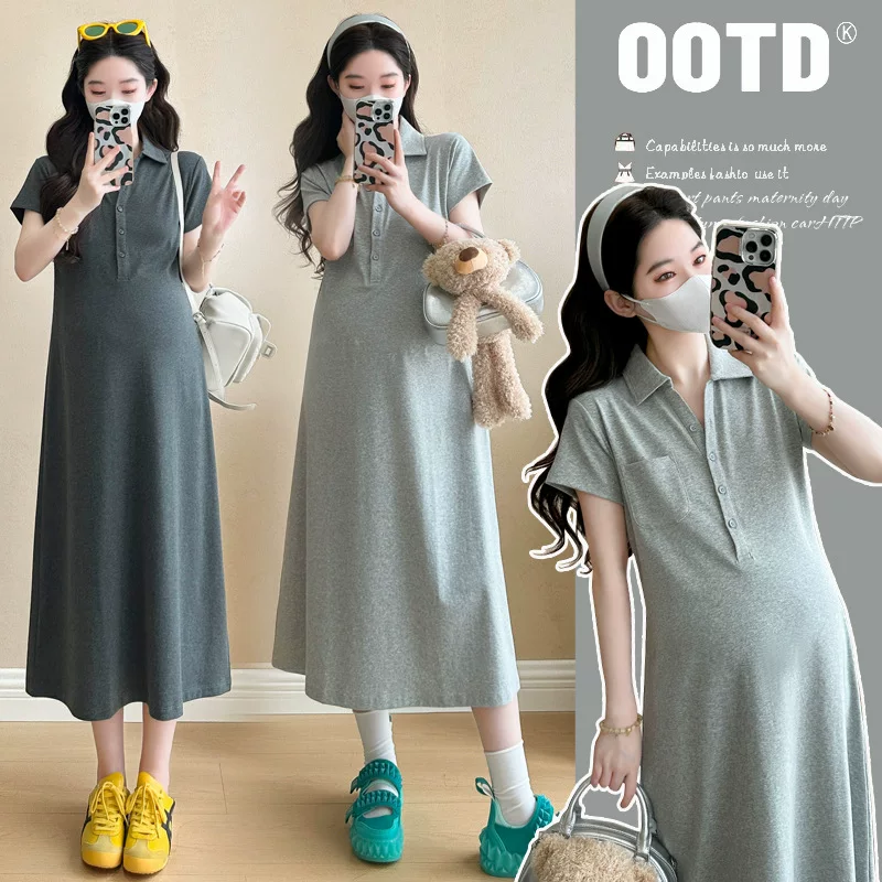 Длинная летняя одежда для беременных для отдыха, футболка-платье, средней длины, поло воротник
