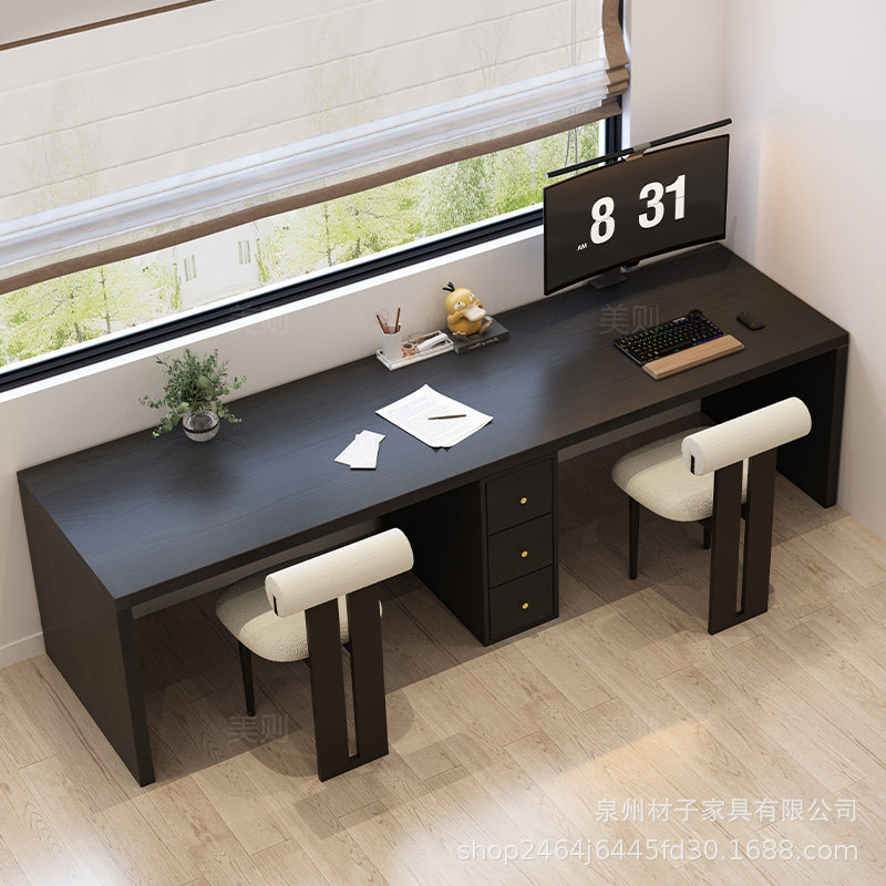 Modern minimalist solid wood desk and computer table with drawers, black study and living room wall-mounted office desk and chair