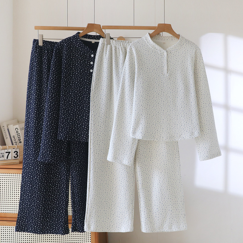 Korean Ins Women's New Style Cotton Waffle Small Floral Long-Sleeved Short-Sleeved Casual Suit Pajamas Home Clothes Korean Ins Women's New Style Cotton Waffle Small Floral Long-Sleeved Short-Sleeved Casual Suit Pajamas Home Clothes