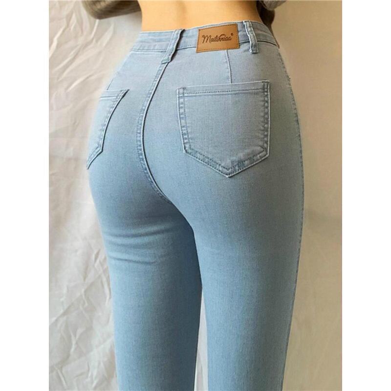 High-Waisted Peach Butt Elastic Light Blue Denim Pants for Women, Tight-Fitting, Slimming, Hip-Hugging Pencil Pants That Make Legs Look Longer