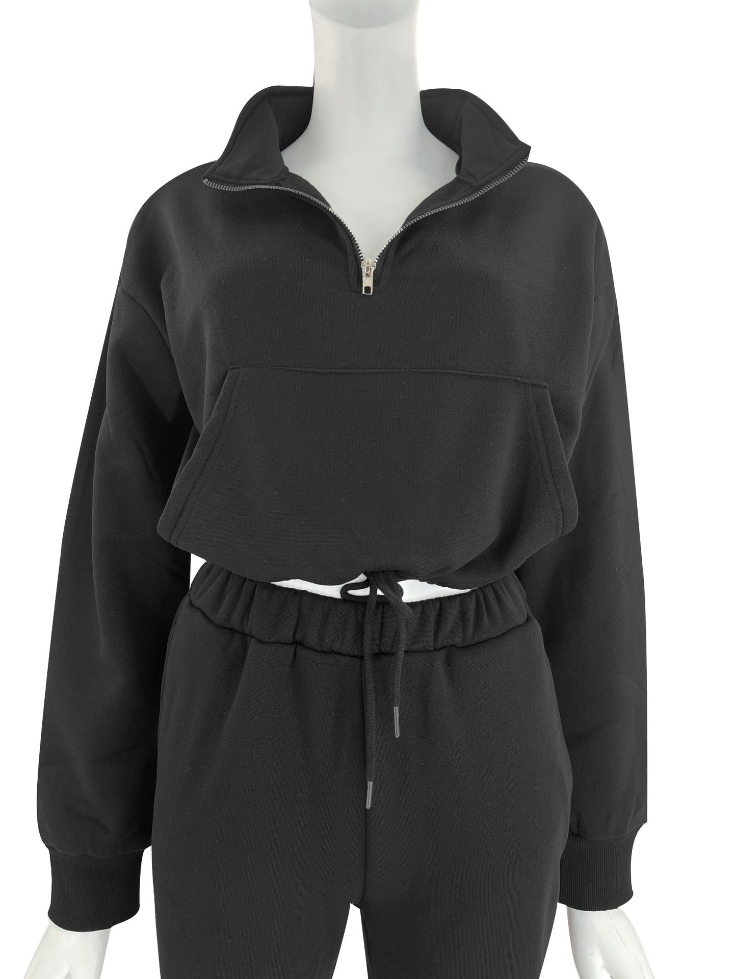 Women's Clothing 2024 autumn and winter solid color stand up collar zipper drawstring navel baring plus velvet sweatshirt casual sweatpants suit_voghion.com