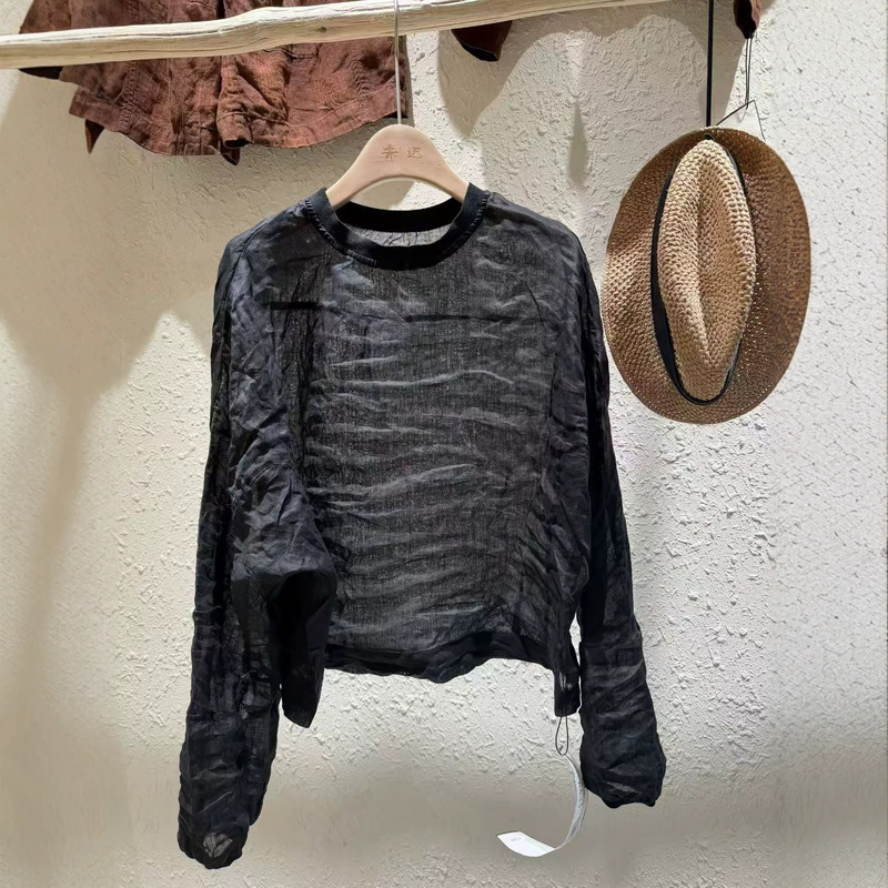 26 New Summer Ramie Shirts, Korean Style Loose Fit Slimming Ribbed Round Neck Artistic Thin Sun Protection Shirt