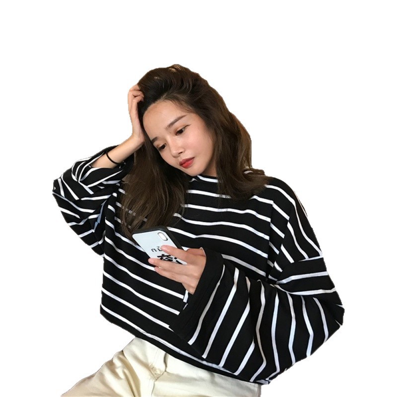 条纹长袖学生打底t恤女2025秋季新款韩版宽松圆领百搭宽松上衣潮|undefined