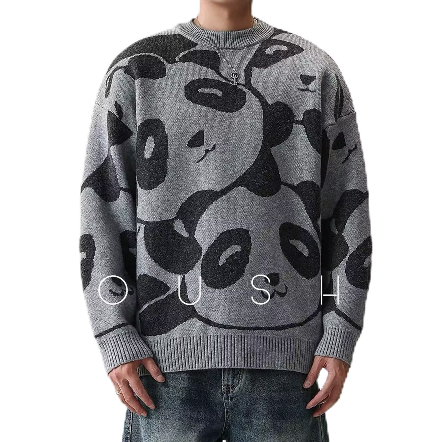 Explosiones transfronterizas de tamaño grande panda impresa Jacquard suéter de punto hombre con fábrica de suéter de otoño y invierno mayorista