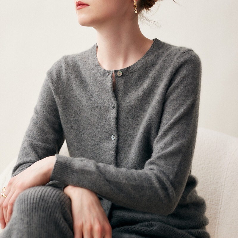 Ordos Round Neck Cardigan Women's Cashmere Soft Waxy Skin-Friendly Knitted Sweater Jacket Pure Color Slimming Look Top
