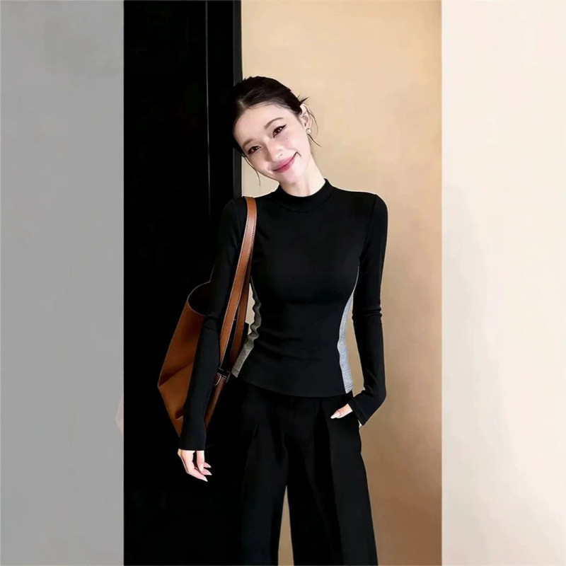 Spring and Autumn new half-high collar hourglass waist slim-fit long-sleeve T-shirt for women, pure and alluring style, slimming inner layer, waist-cinching base top Spring and Autumn new half-high collar hourglass waist slim-fit long-sleeve T-shirt for women, pure and alluring style, slimming inner layer, waist-cinching base top