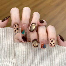 手工穿戴甲短款秋冬新款裸色深酒红渐变晕染方形光面预制假指甲片