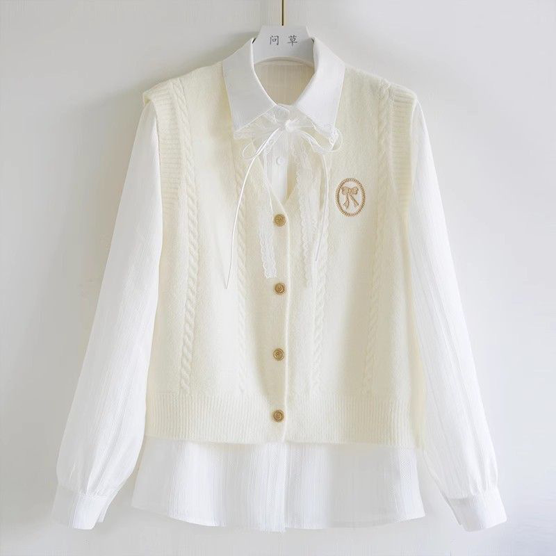 Spring and Autumn New Women's Fresh and Sweet Bowknot Knit Vest and Lace-Up Shirt College Style Two-Piece Set