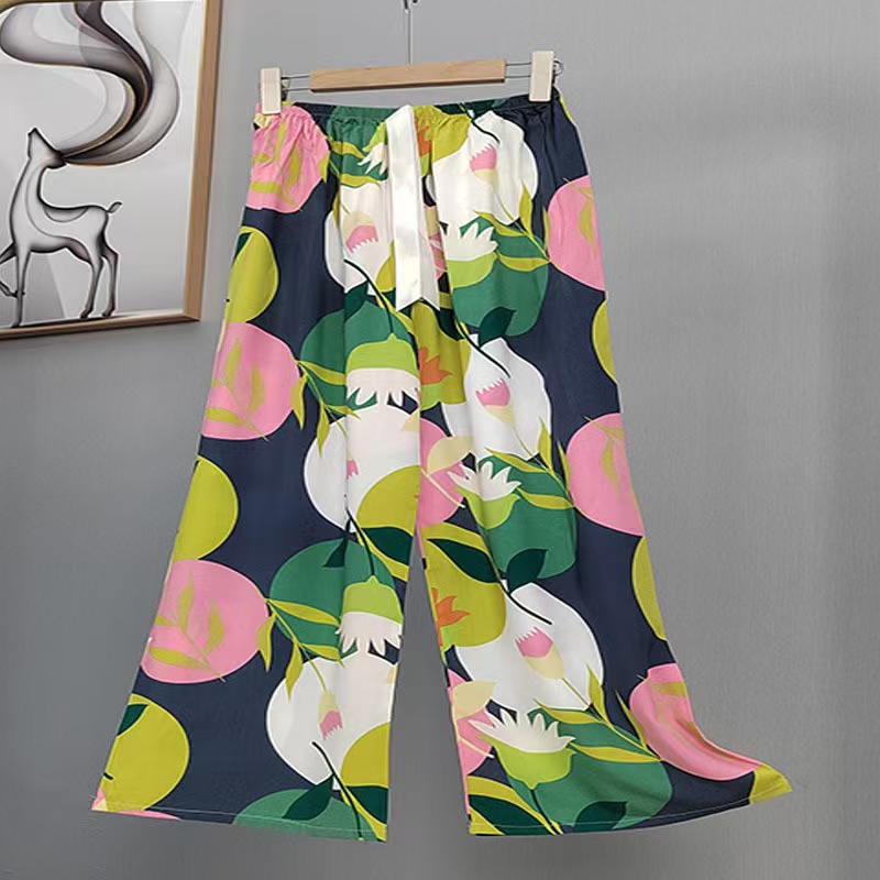 Pijama de seda de algodón para mujer, pantalones anchos de mujer embarazada de seda de algodón con estampado fino de verano