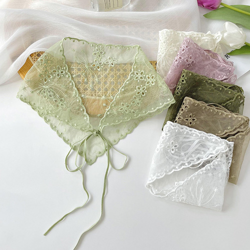 Solid color retro flower embroidered lace triangle scarf for women spring and summer fashion versatile sun protection outer shawl tie scarf