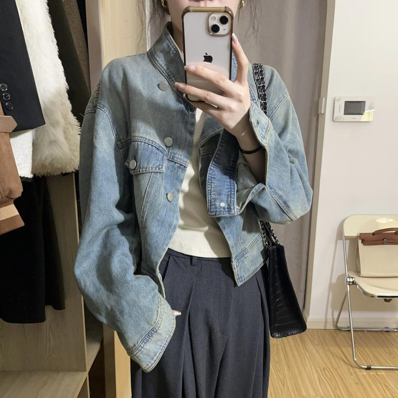 Short Denim Jacket for Women, Spring and Autumn, Versatile, Loose Fit, Petite Design, Niche Style, Stand Collar Jacket Top