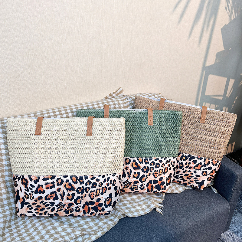 2025 foreign trade new hand woven raffia straw leopard stitching large capacity portable shoulder bag shopping bag