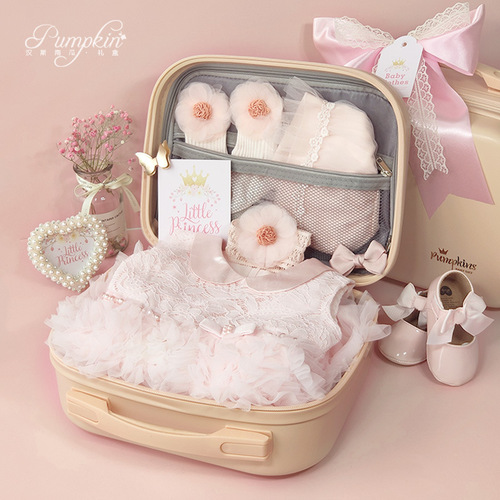 Baby High-End Gift Box Newborn Princess Dress Skirt 100th Day Birthday Party Lace Pink Clothes Set Spring Summer